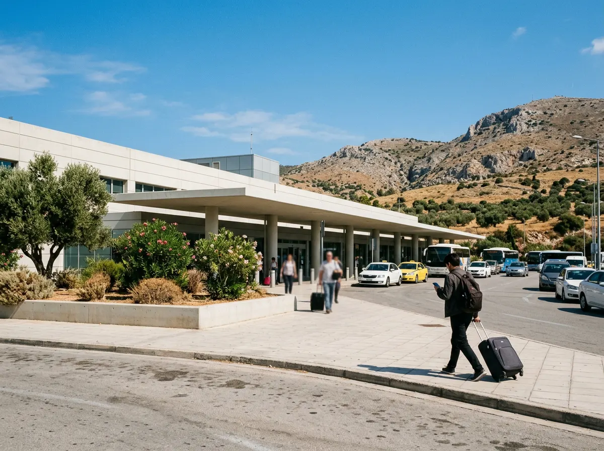 A traveler with a suitcase reads a phone outside Athens airport arrivals in bright sun, dry hills behind