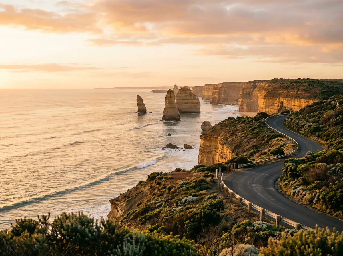 Limestone sea stacks and the winding Great Ocean Road in Australia at golden hour