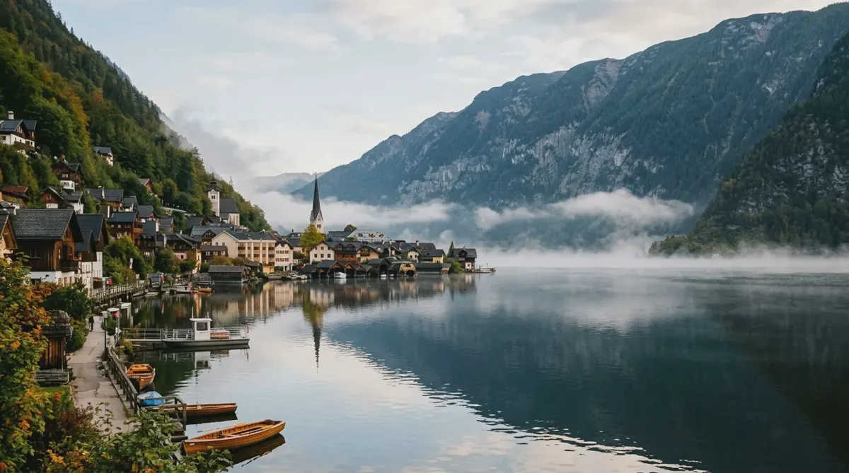Hallstatt's lakeside houses and church spire below forested mountains in Austria