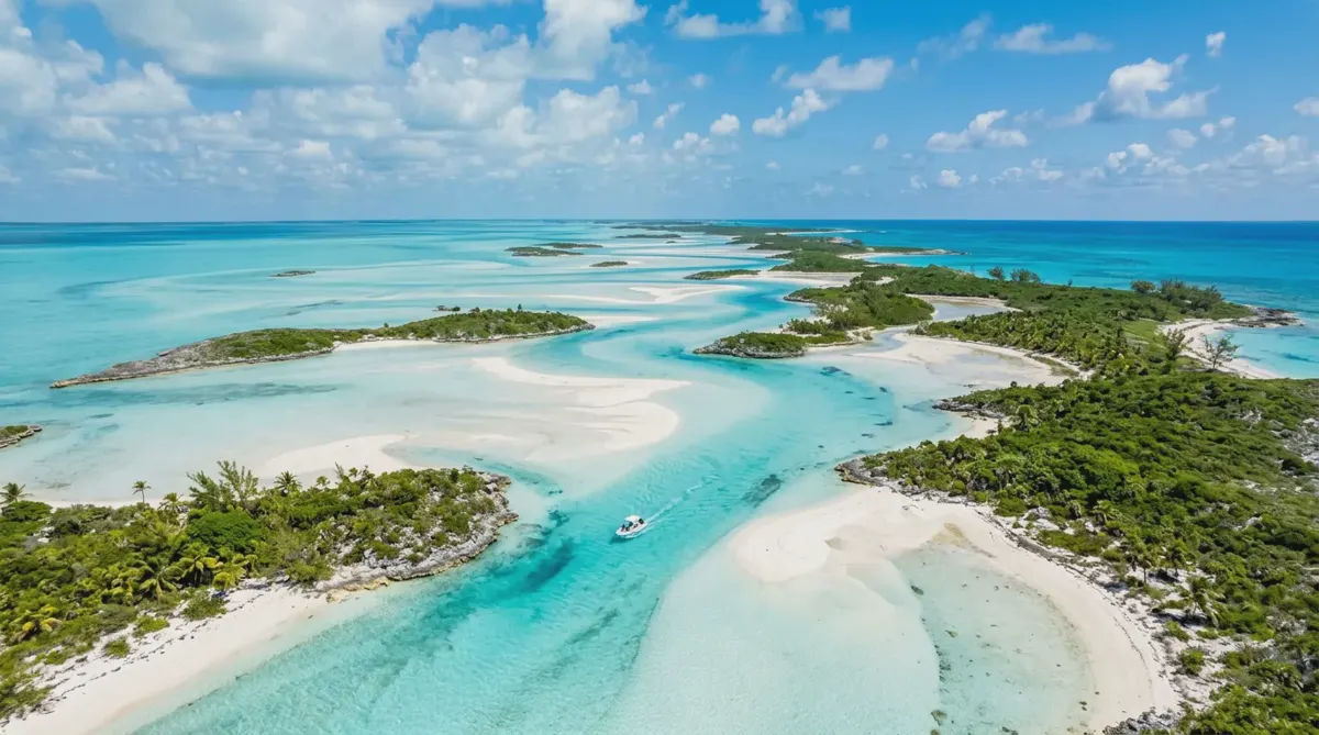 Turquoise channels and sandbars around small green islands in the Exuma Cays, Bahamas