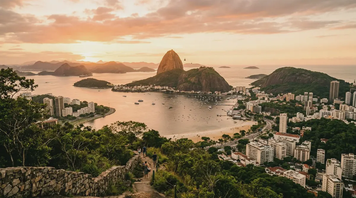 Sugarloaf Mountain over Guanabara Bay in Rio de Janeiro at golden hour