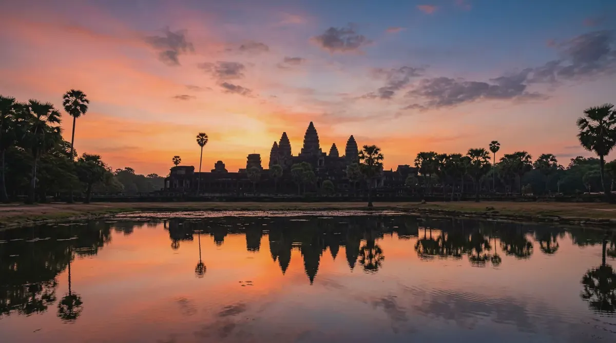 Angkor Wat's towers reflected in the pond at sunrise near Siem Reap, Cambodia