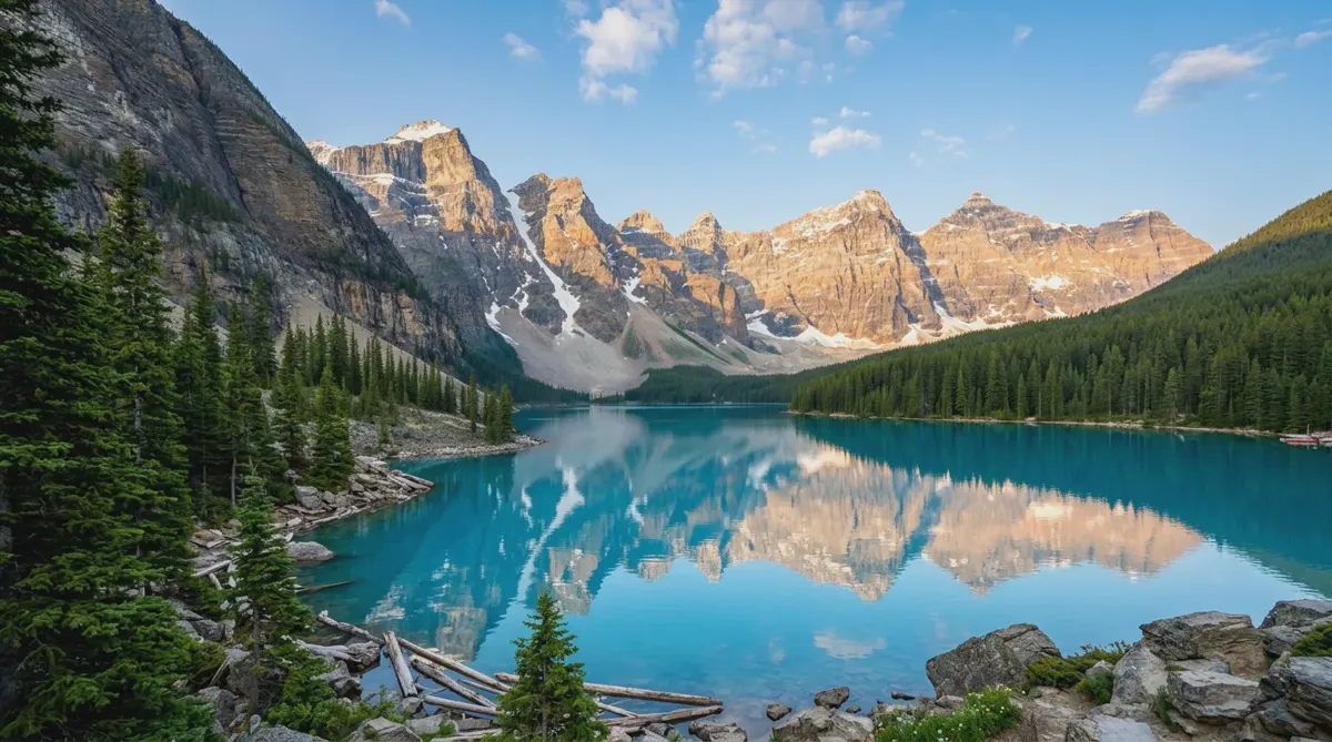 Moraine Lake's turquoise water below the Valley of the Ten Peaks in Banff National Park on a clear morning