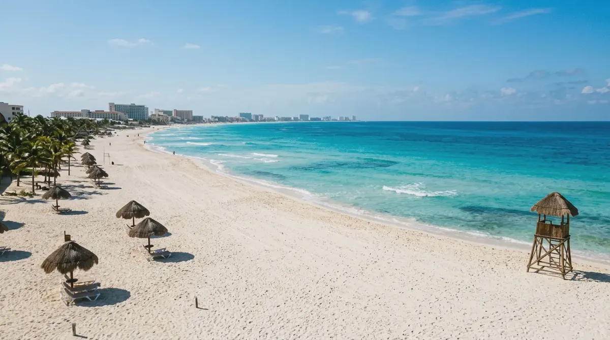 The white-sand beach of Cancún's Hotel Zone with turquoise Caribbean water