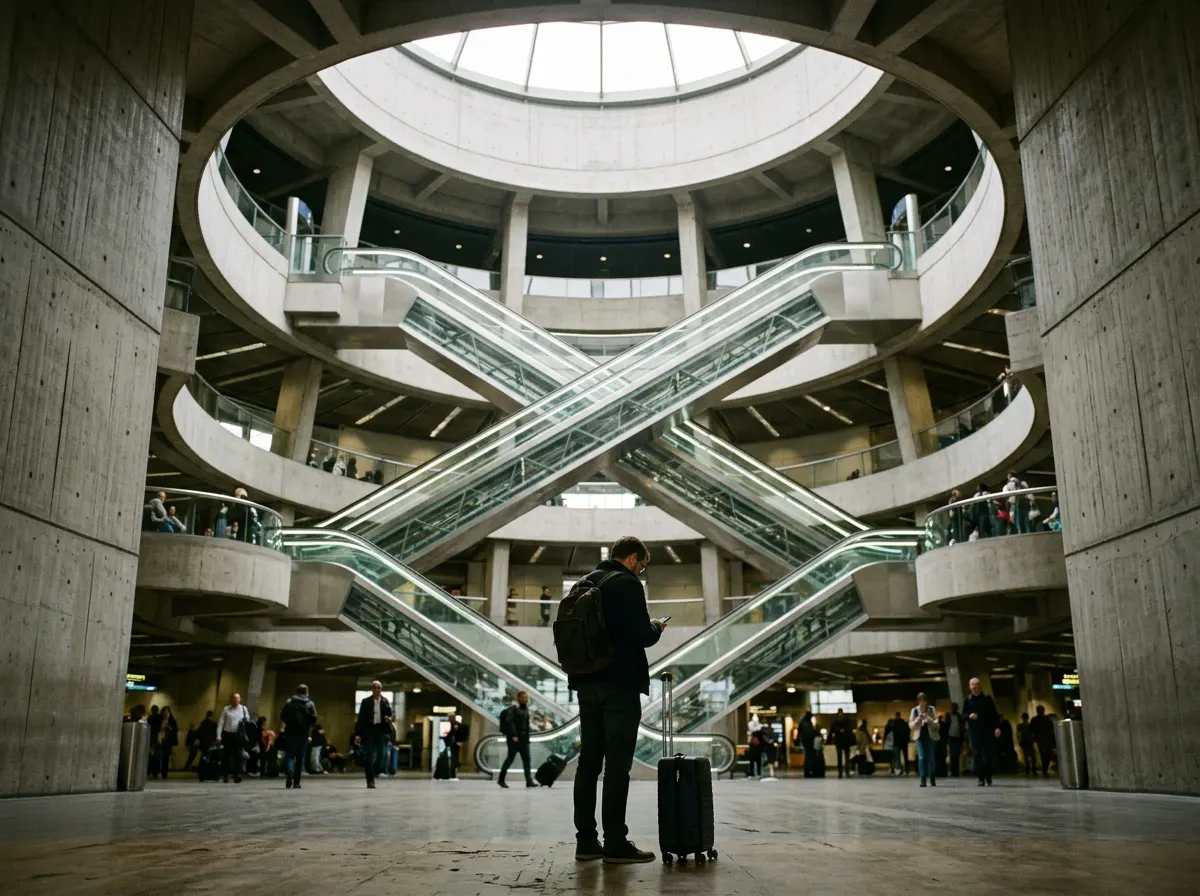A traveler checks a phone under the glass tube escalators crossing the round concrete atrium of Charles de Gaulle Terminal 1