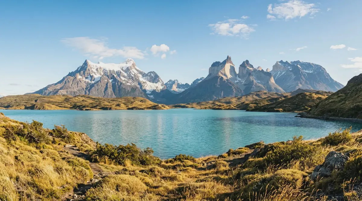 The granite towers of Torres del Paine above a turquoise lake in Chilean Patagonia