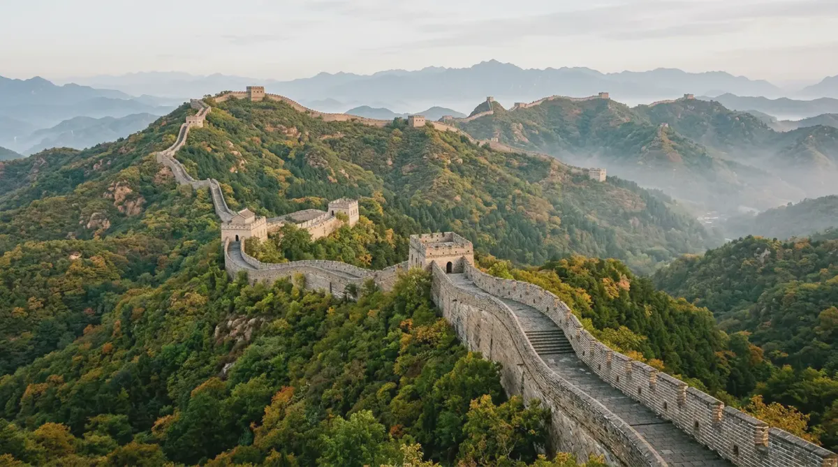 The Great Wall at Mutianyu winding along forested mountain ridges in morning light