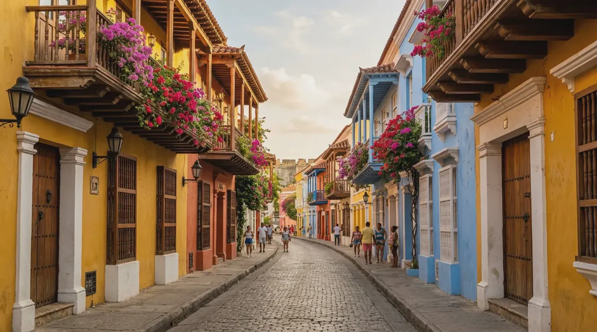 A colorful colonial street in Cartagena's old town with painted houses and bougainvillea-covered balconies