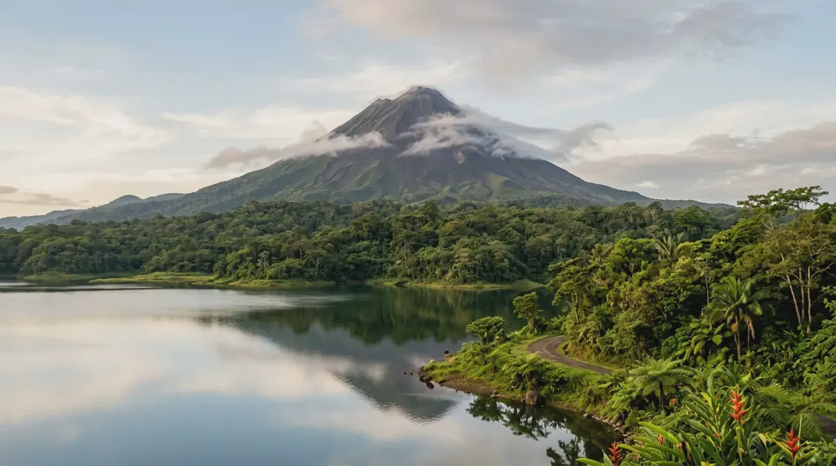 Arenal Volcano rising above green rainforest and a calm lake in Costa Rica