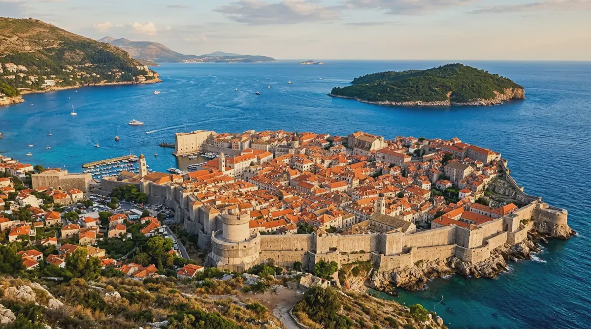 Dubrovnik's terracotta rooftops and city walls above the Adriatic in late-afternoon light