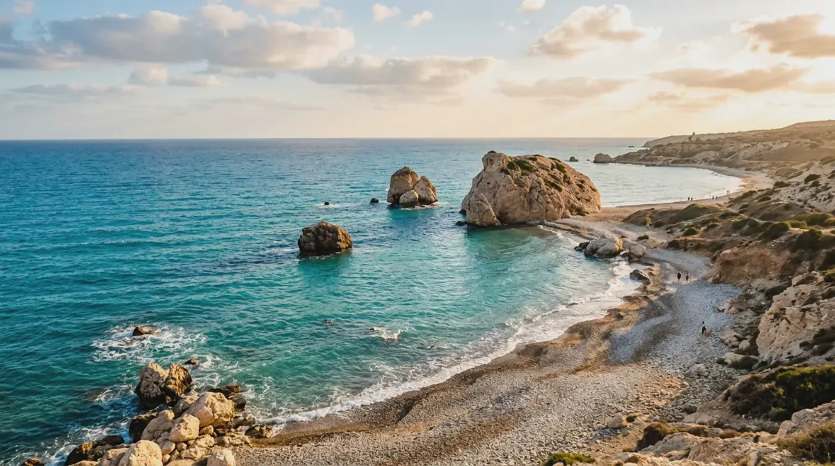 Aphrodite's Rock rising from turquoise water on the south coast of Cyprus
