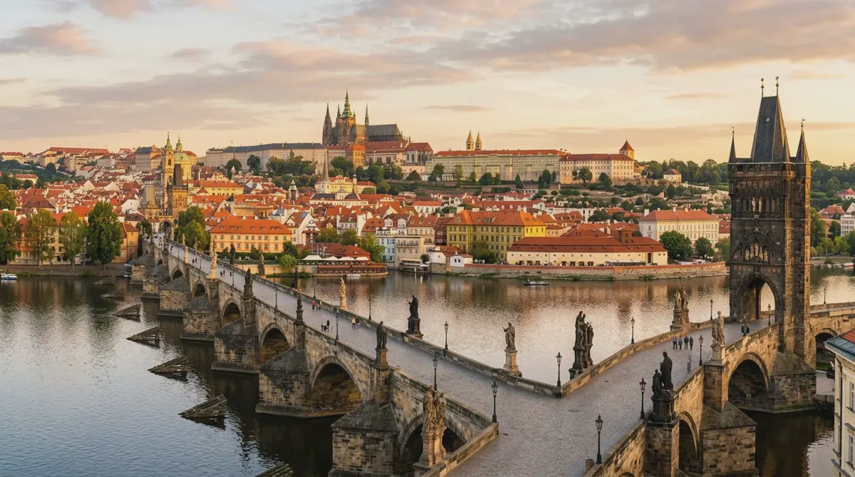 Charles Bridge over the Vltava with Prague Castle on the hill behind at sunrise