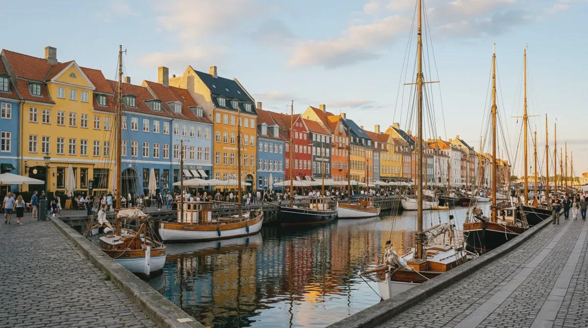 Colorful townhouses and wooden sailing boats along the Nyhavn canal in Copenhagen