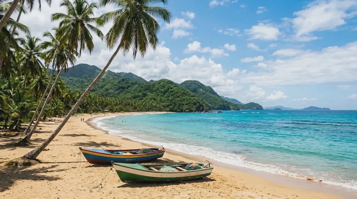 Coconut palms and wooden fishing boats on a golden beach on the Dominican Republic's Samaná peninsula