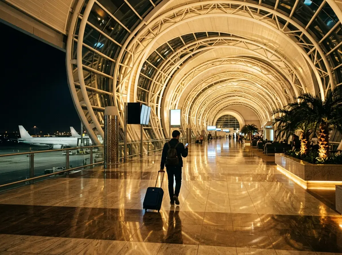 A traveler with a carry-on suitcase checks a phone in a gleaming arched concourse at night