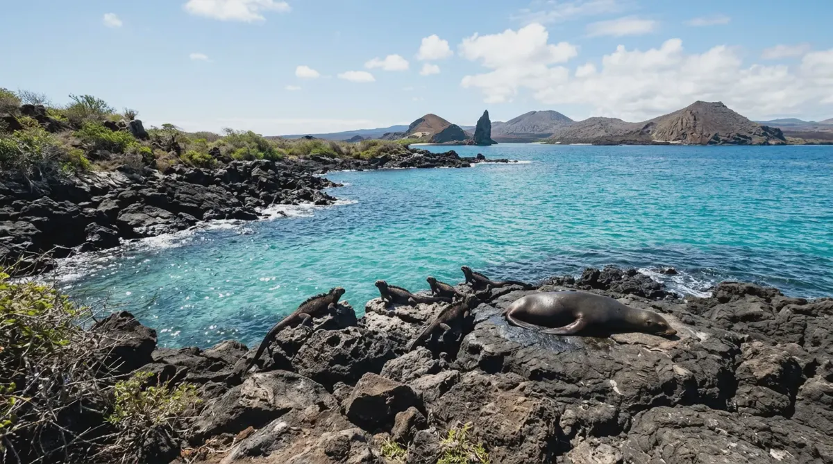 Marine iguanas and a sea lion on dark lava rock by turquoise water in the Galápagos Islands
