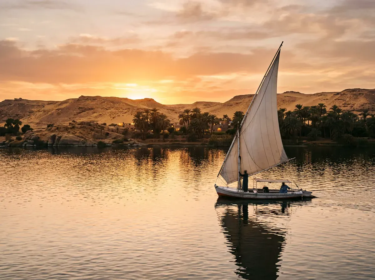 A white-sailed felucca on the Nile at Aswan at sunset, desert hills behind
