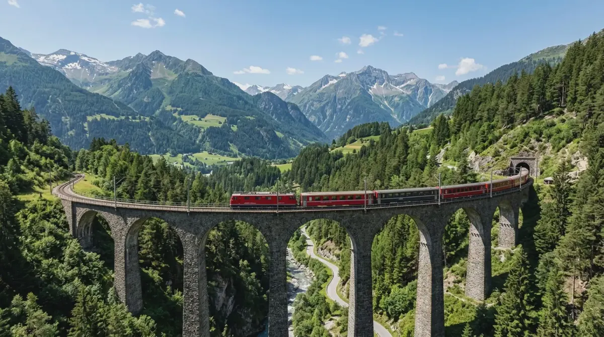 A red train crossing a stone viaduct through the Swiss Alps