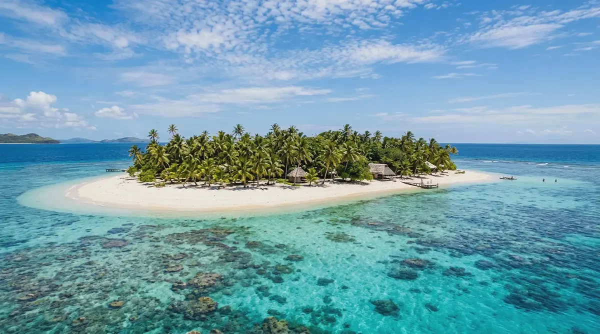 A palm-fringed island with white sand and a turquoise lagoon in Fiji's Mamanuca islands