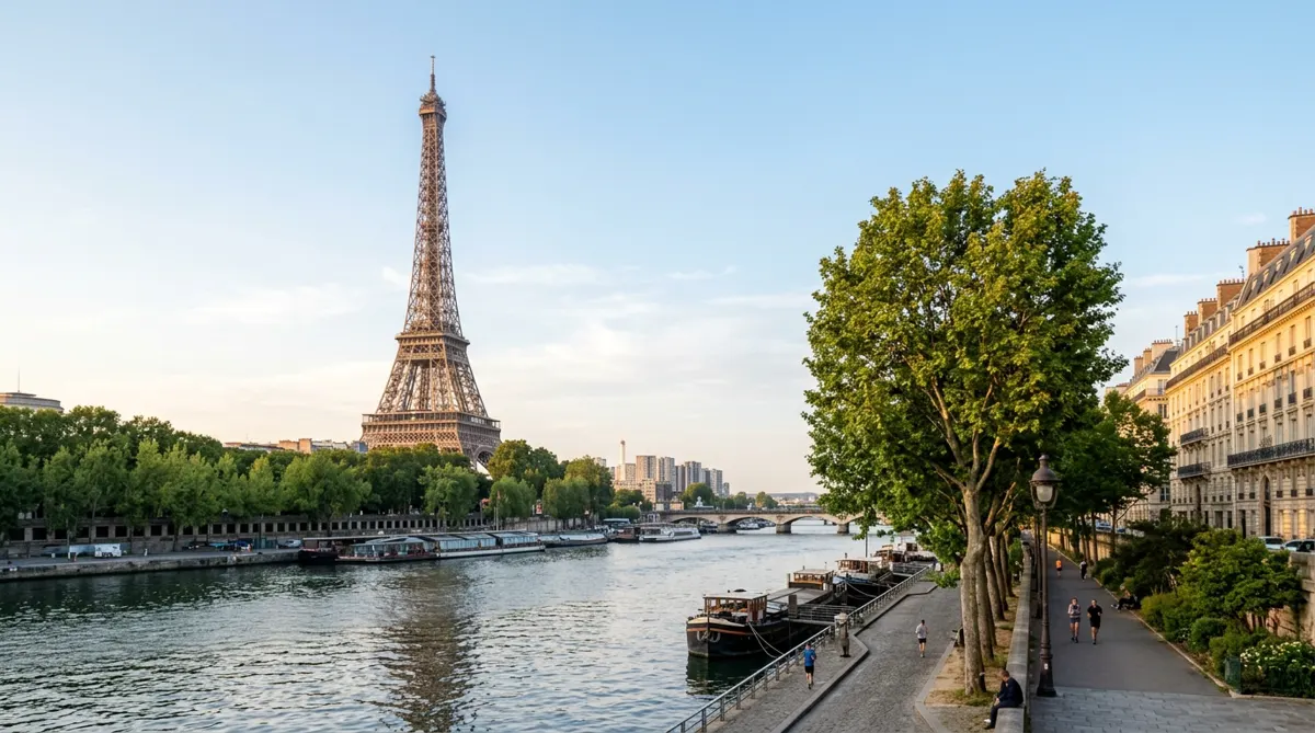 The Eiffel Tower seen across the Seine in Paris on a clear morning