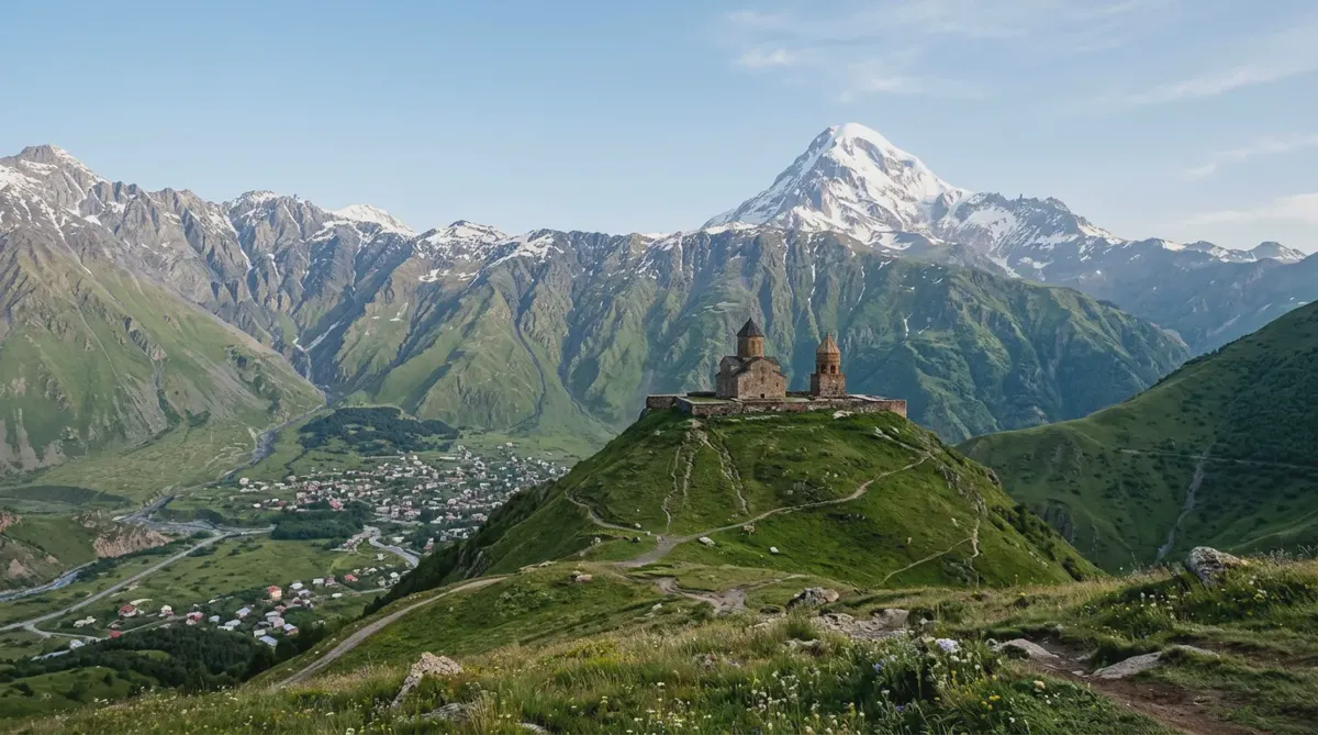 Gergeti Trinity Church on a hilltop with snow-capped Mount Kazbek behind in Georgia