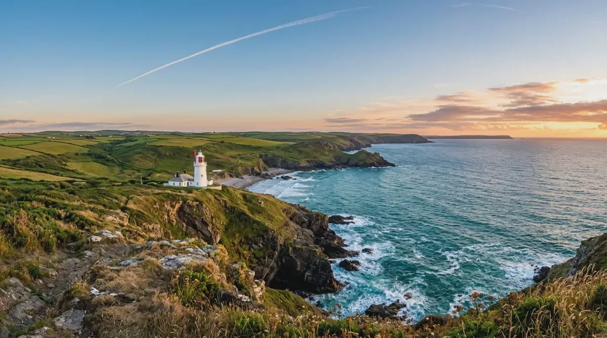 A coastline with a white lighthouse at golden hour, an airplane contrail crossing the sky above