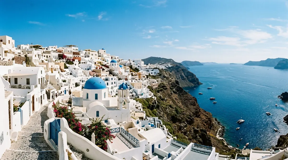 White houses and blue domes in Oia, Santorini, above the Aegean Sea