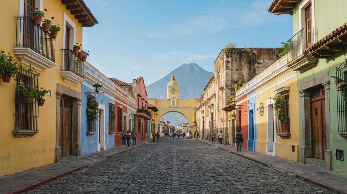 A cobbled street in Antigua Guatemala leading to the yellow Santa Catalina arch with Volcán de Agua behind