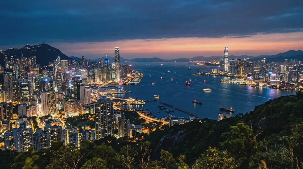 Hong Kong's Victoria Harbour and skyline lit up at dusk, seen from Victoria Peak