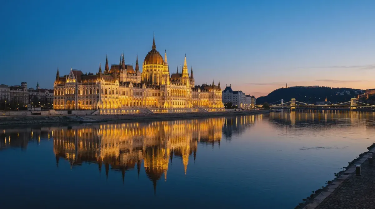 The Hungarian Parliament Building lit up on the Danube in Budapest at blue hour