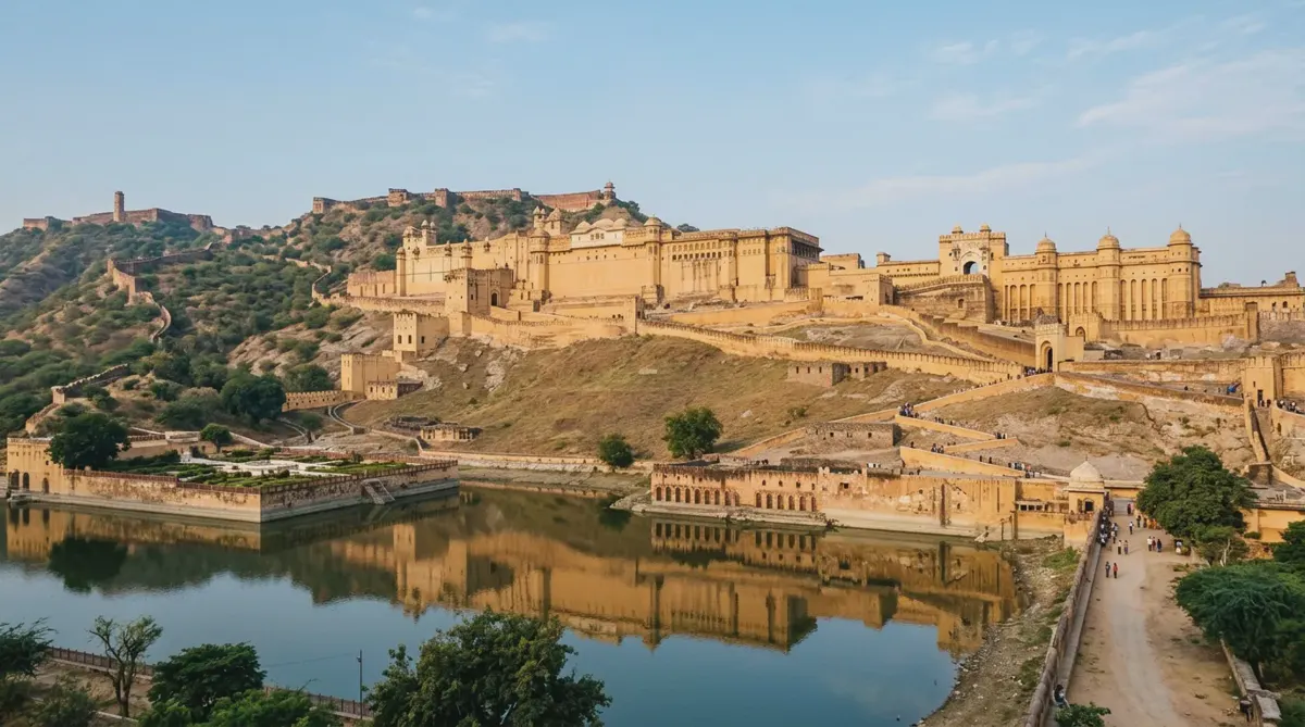 The Amber Fort's honey-colored walls above Maota Lake near Jaipur in morning light