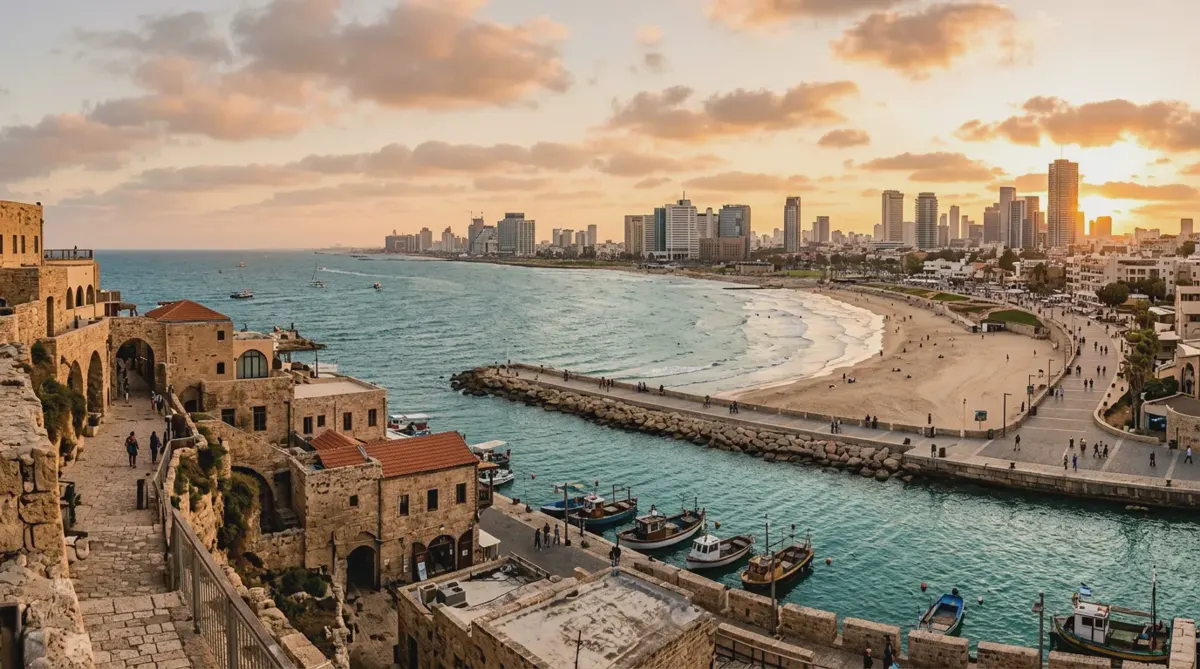 Tel Aviv's beach and skyline seen from the old port of Jaffa in late-afternoon light