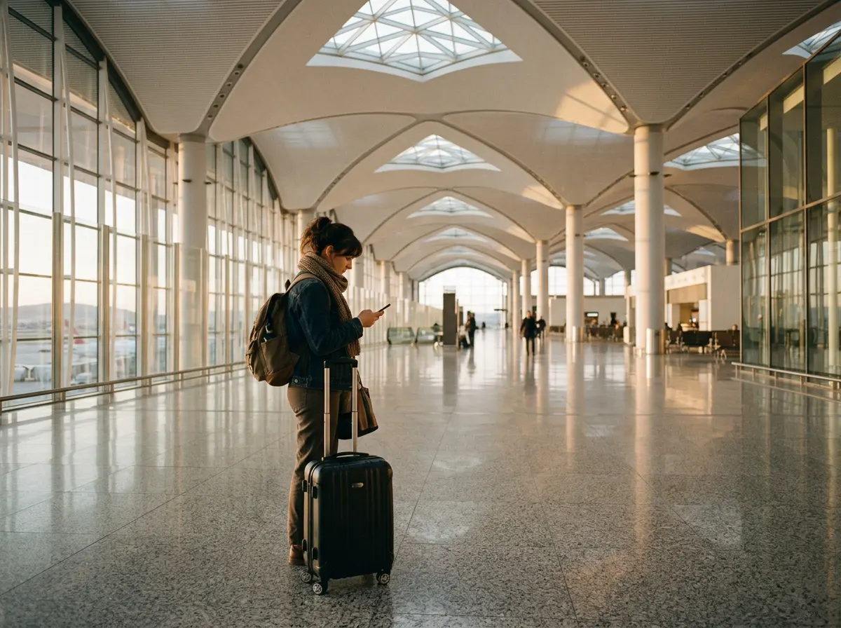 A traveler checks a phone beside a suitcase in a vast terminal under a white vaulted ceiling