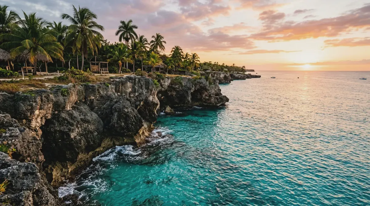 Limestone cliffs above turquoise water at Negril, Jamaica, at sunset