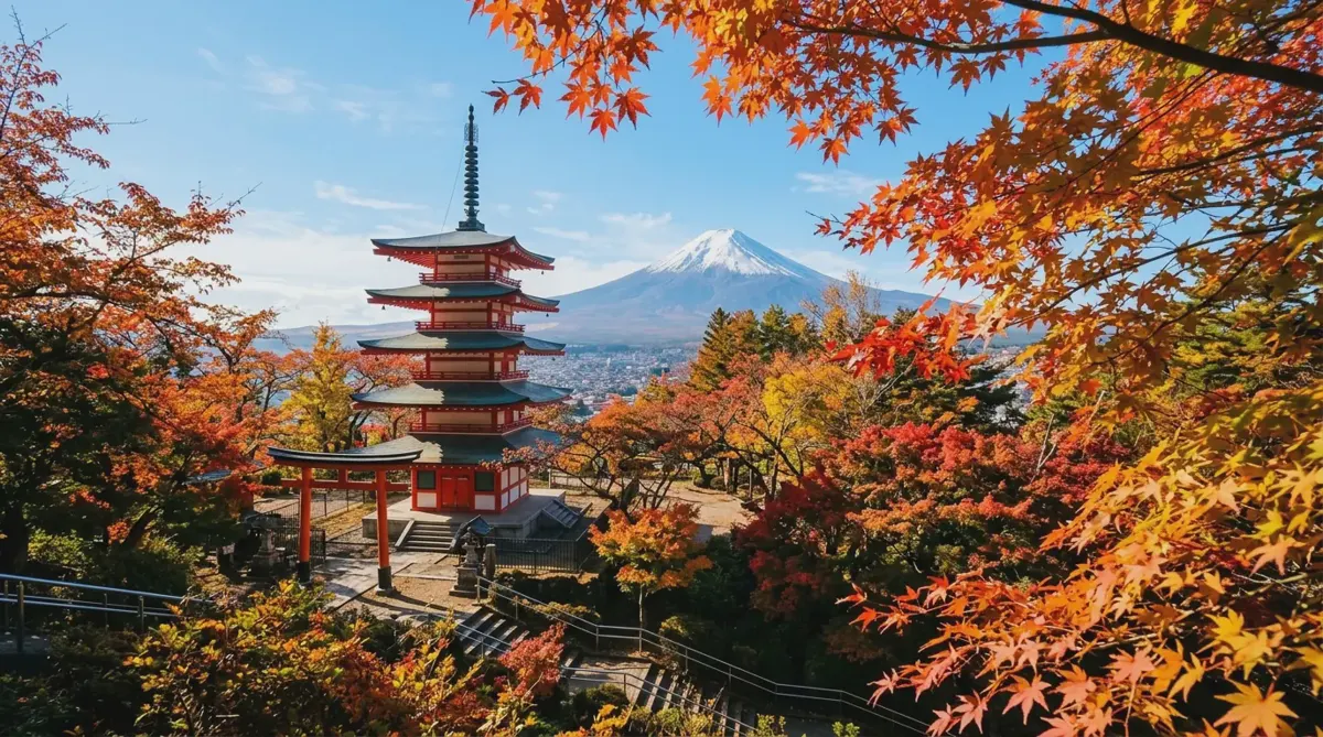 The red Chureito Pagoda with Mount Fuji behind it on a clear autumn morning