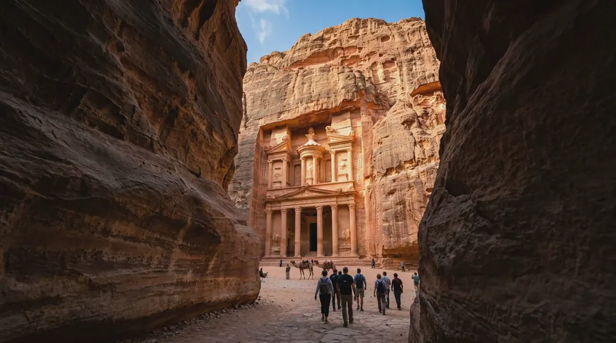 The rose-red Treasury at Petra seen through the narrow Siq canyon