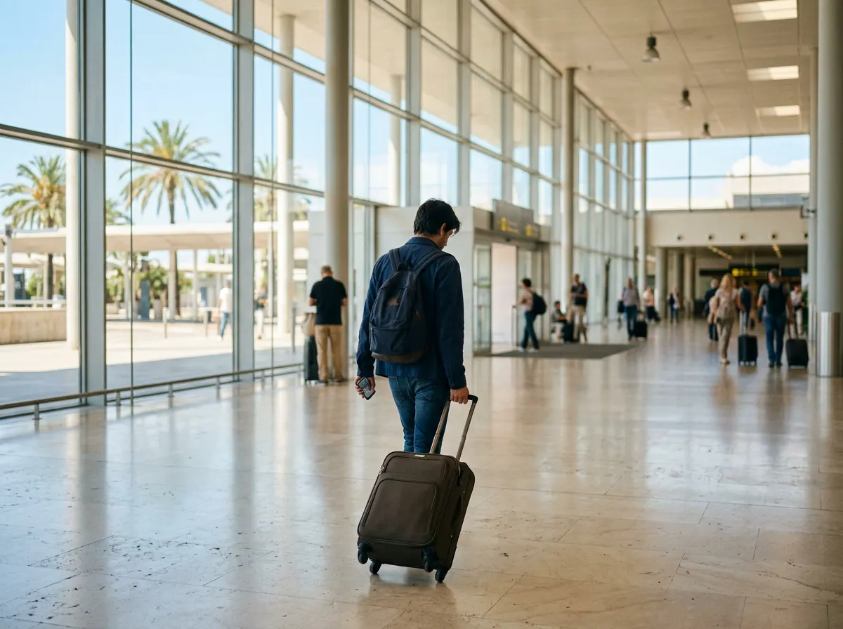 A traveler pulls a suitcase while reading a phone in a sunny arrivals hall with palm trees outside