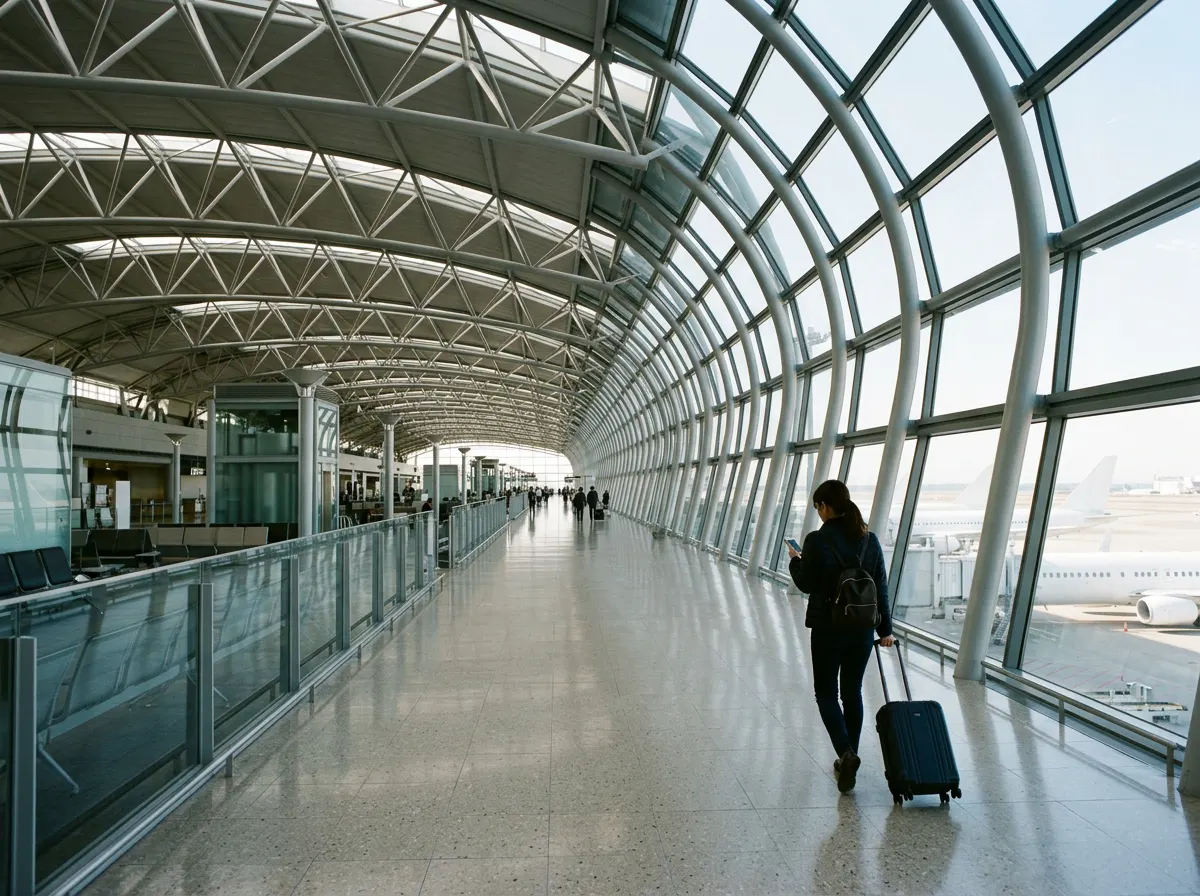 A traveler with a small suitcase walks under a long curved glass roof, looking at a phone