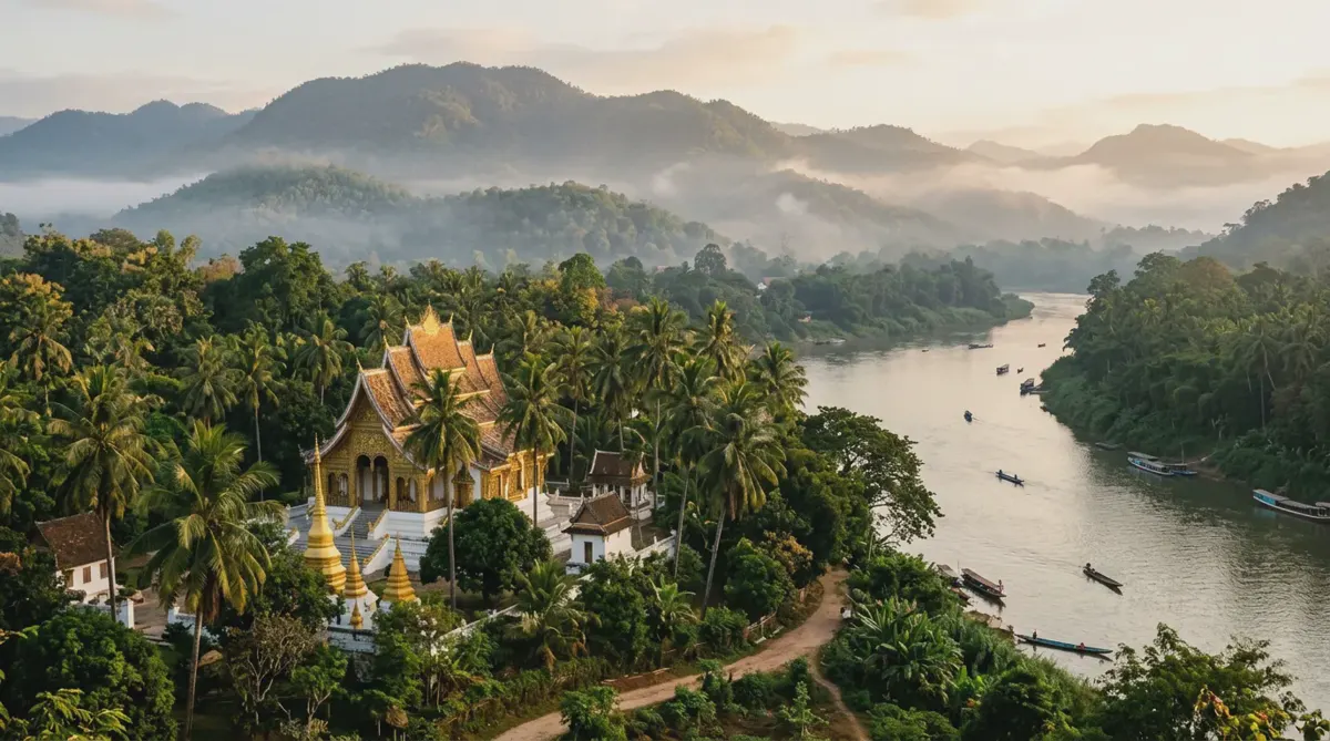 A golden-roofed temple among palms above the Mekong in Luang Prabang, Laos, in morning mist