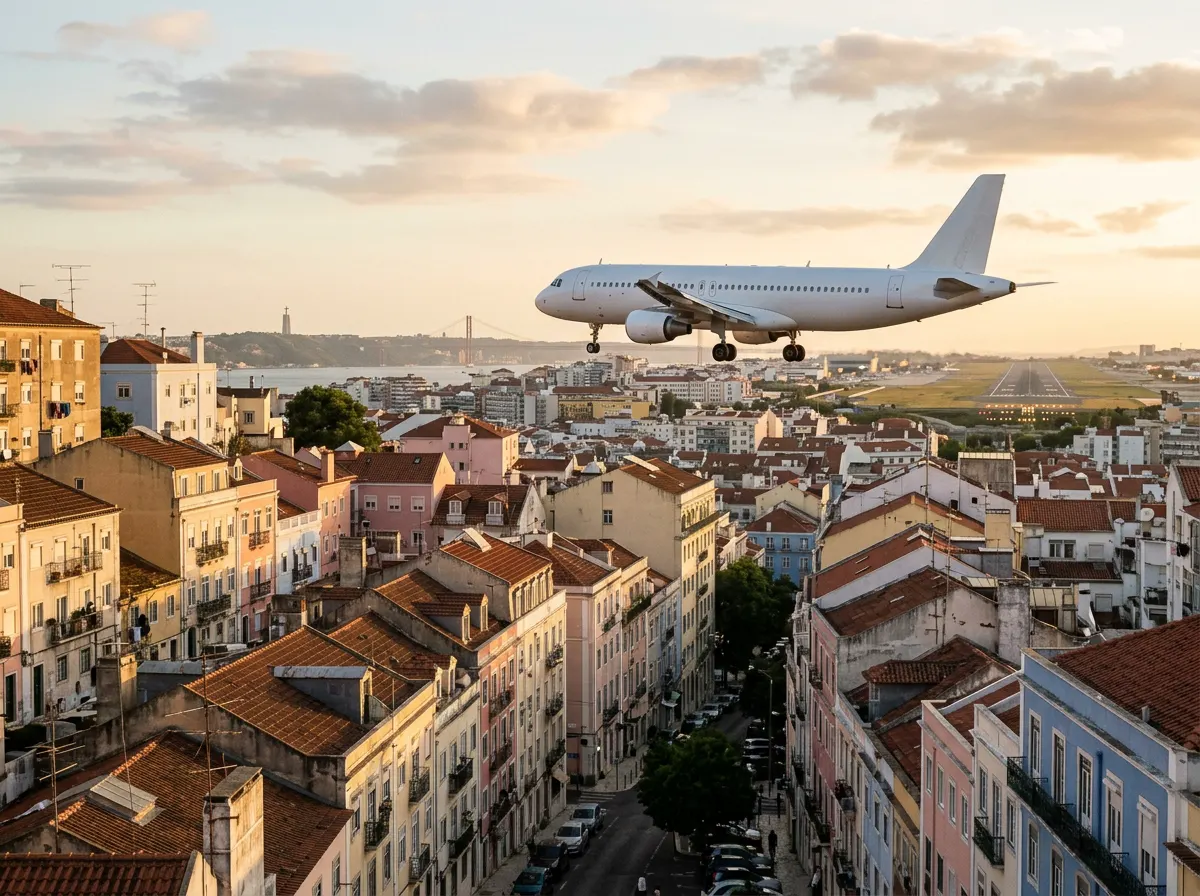A white passenger jet with its gear down flies low over Lisbon's terracotta rooftops on approach to the airport