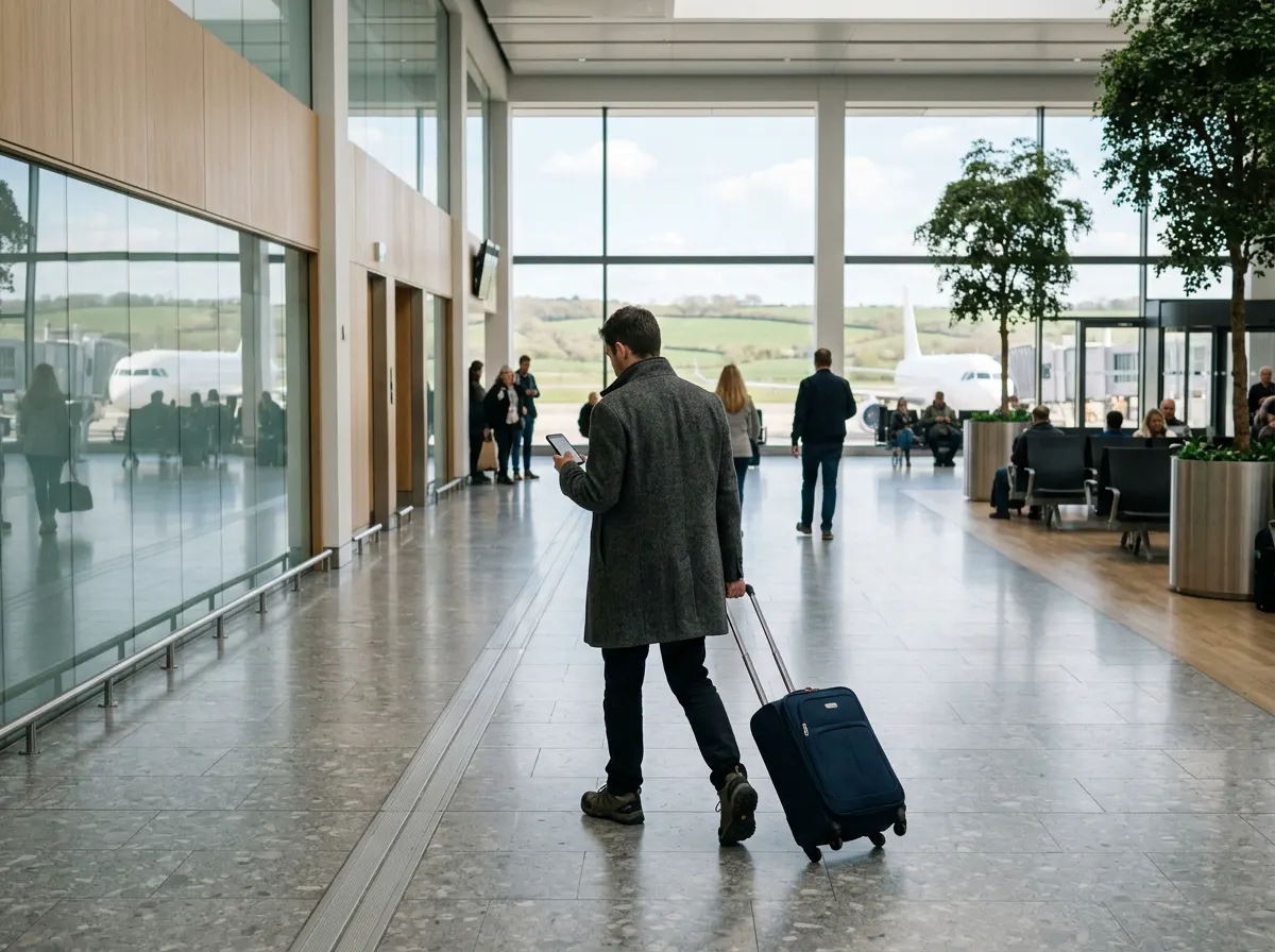 A traveler in a wool coat walks with a suitcase and a phone through a bright arrivals hall, green fields outside