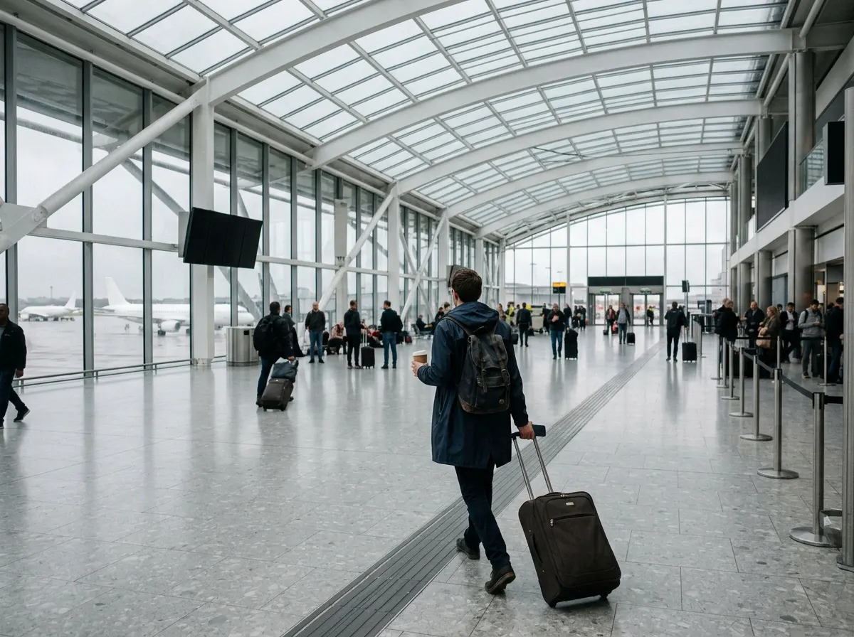 A traveler in a raincoat walks with a suitcase, a coffee and a phone under a glass roof on a grey morning