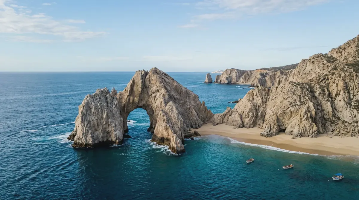 El Arco rock arch at Land's End in Cabo San Lucas, rising from deep blue water