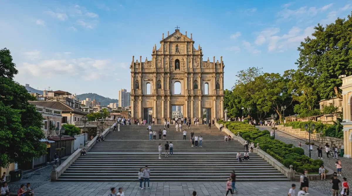 The stone facade of the Ruins of St. Paul's above its wide stone steps in Macau
