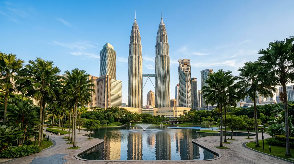 The Twin Towers in Kuala Lumpur seen from the park on a sunny afternoon