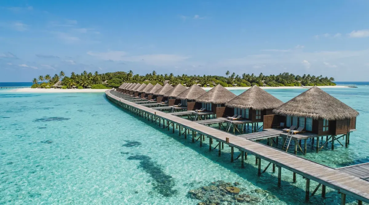 Thatched overwater villas on stilts above a turquoise lagoon in the Maldives