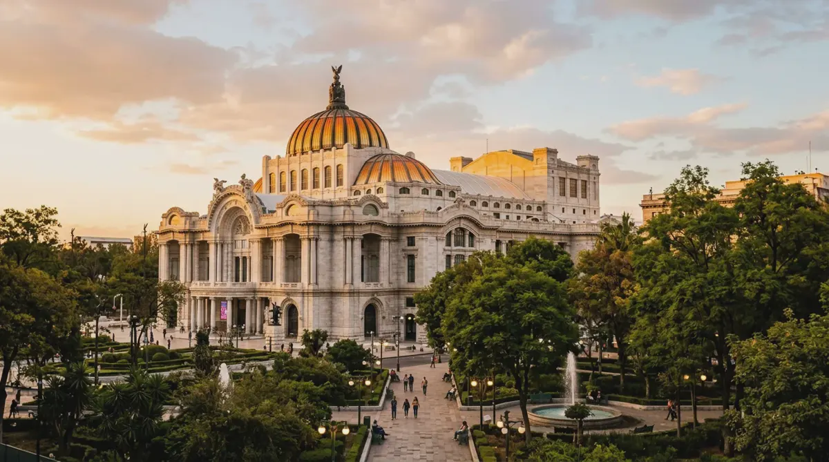 The Palacio de Bellas Artes in Mexico City at golden hour, seen across the Alameda Central