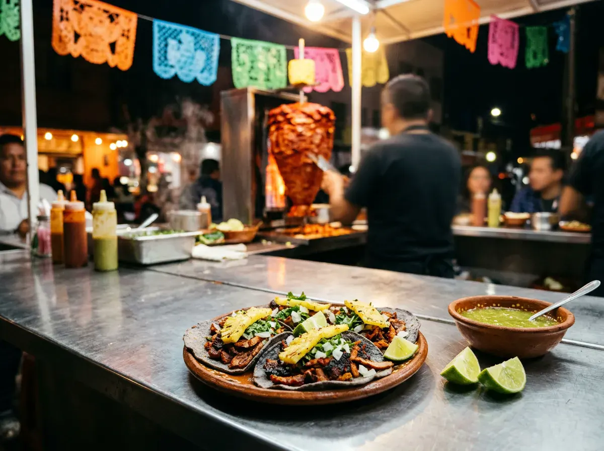Tacos al pastor with pineapple and cilantro on a taquería counter in Mexico City at night, the spit of marinated pork glowing behind