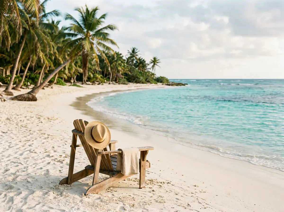 A quiet white-sand beach with leaning palms and turquoise water on Mexico's Caribbean coast