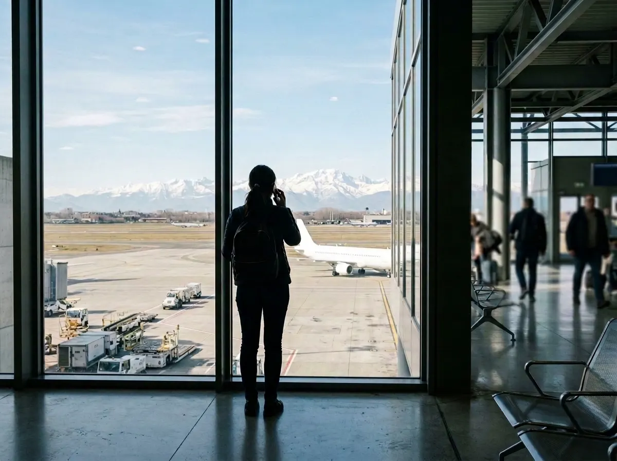 A traveler on the phone looks out of a Malpensa terminal window at the runway and the snow-capped Alps